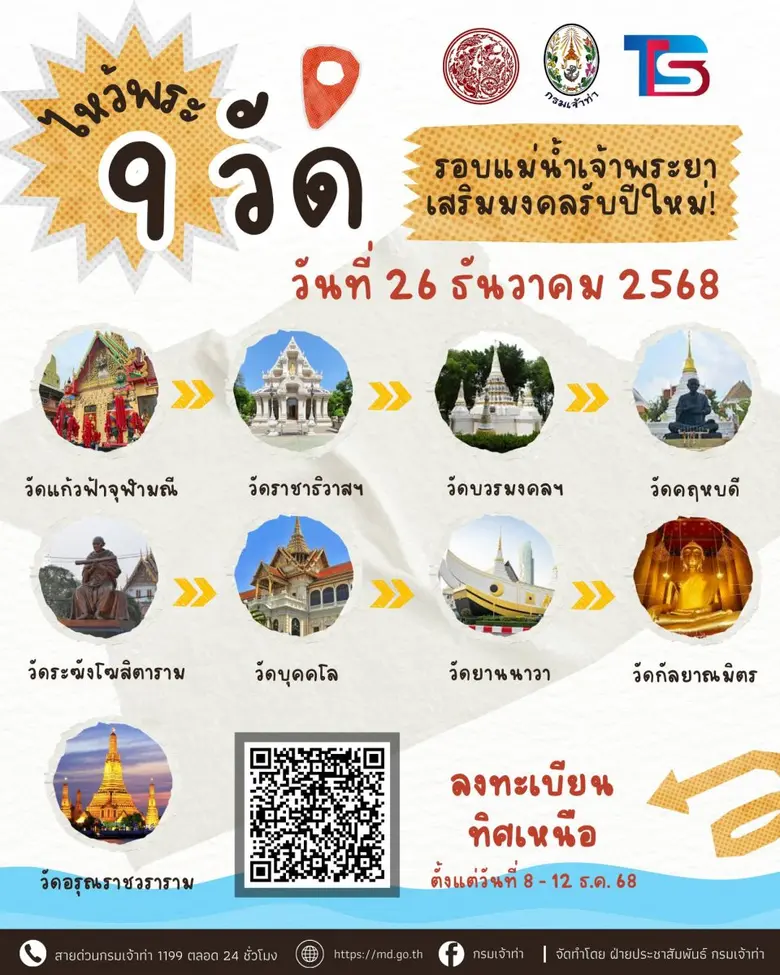 กระทรวงคมนาคมและกรมเจ้าท่า ร่วมกับบริษัทไทยสมายล์โบ้ท จัดโครงการ " ล่องเรือไหว้พระ 9 วัด รับปีใหม่ 2569 "