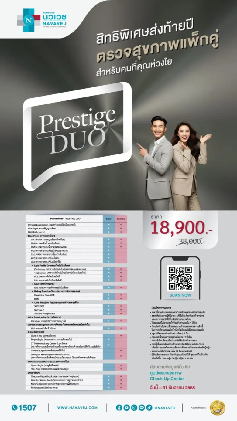 รพ.นวเวช จัดโปรแกรมตรวจสุขภาพ Prestige DUO ปรารถนาให้คุณมีสุขภาพที่ดีส่งท้ายปี ตั้งแต่วันนี้ - 31 ธันวาคม 2568