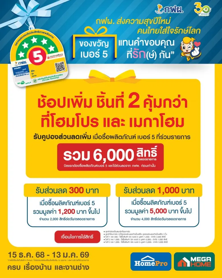 โฮมโปร-เมกาโฮม จับมือ กฟผ. ส่ง "ของขวัญเบอร์ 5 แทนคำขอบคุณที่รัก(ษ์)กัน" มอบดีลพิเศษเป็นส่วนลดเครื่องใช้ไฟฟ้าเบอร์ 5 ชวนคนไทยช้อปของขวัญรักษ์โลกตลอดปีใหม่นี้