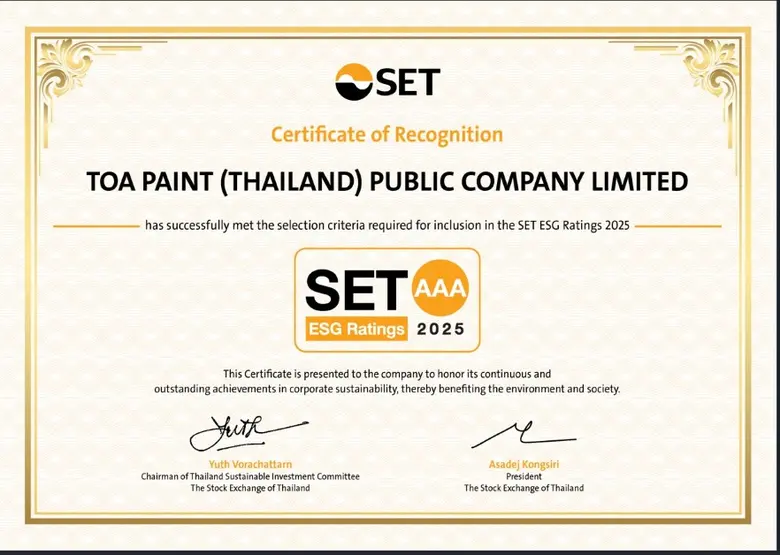 TOA ยืนหนึ่ง! คว้าหุ้นยั่งยืน ระดับสูงสุด 'AAA' จากการประเมิน SET ESG Ratings ปี 2568ตอกย้ำผู้นำอุตสาหกรรมสี - เคมีภัณฑ์ พร้อมยกระดับสู่มาตรฐานความยั่งยืนระดับสากล