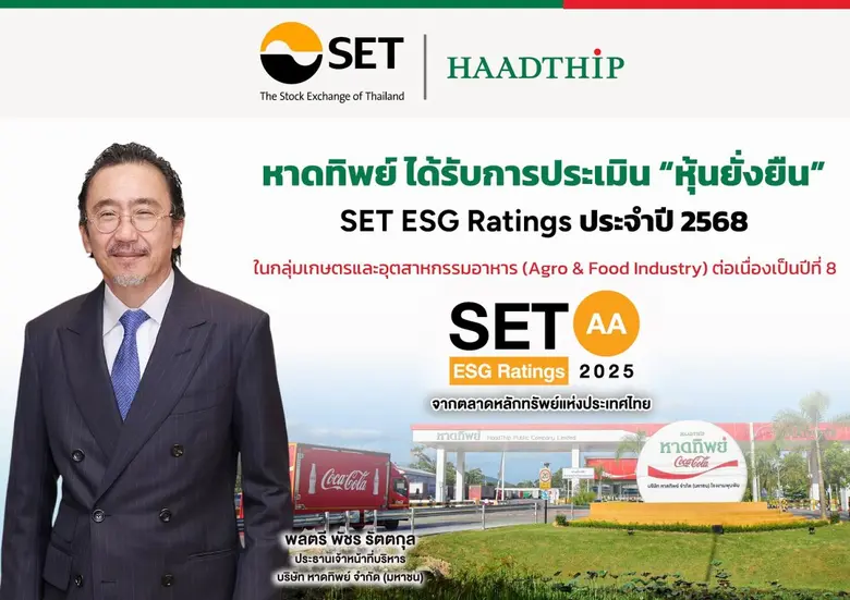 หาดทิพย์ (HTC) ได้รับ SET ESG Ratings ระดับ "AA" ต่อเนื่องปีที่ 8 ตอกย้ำการเติบโตอย่างรับผิดชอบ ภายใต้กรอบความยั่งยืน "เคียงข้าง ผูกพัน"