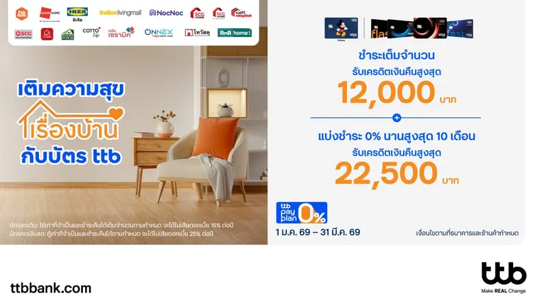 บัตรเครดิต ttb ชวนแต่งบ้านรับปีใหม่ ช้อปคุ้มร้านดัง รับเครดิตเงินคืนสูงสุด 22,500 บาท พร้อมผ่อน 0% นานสูงสุด 10 เดือน