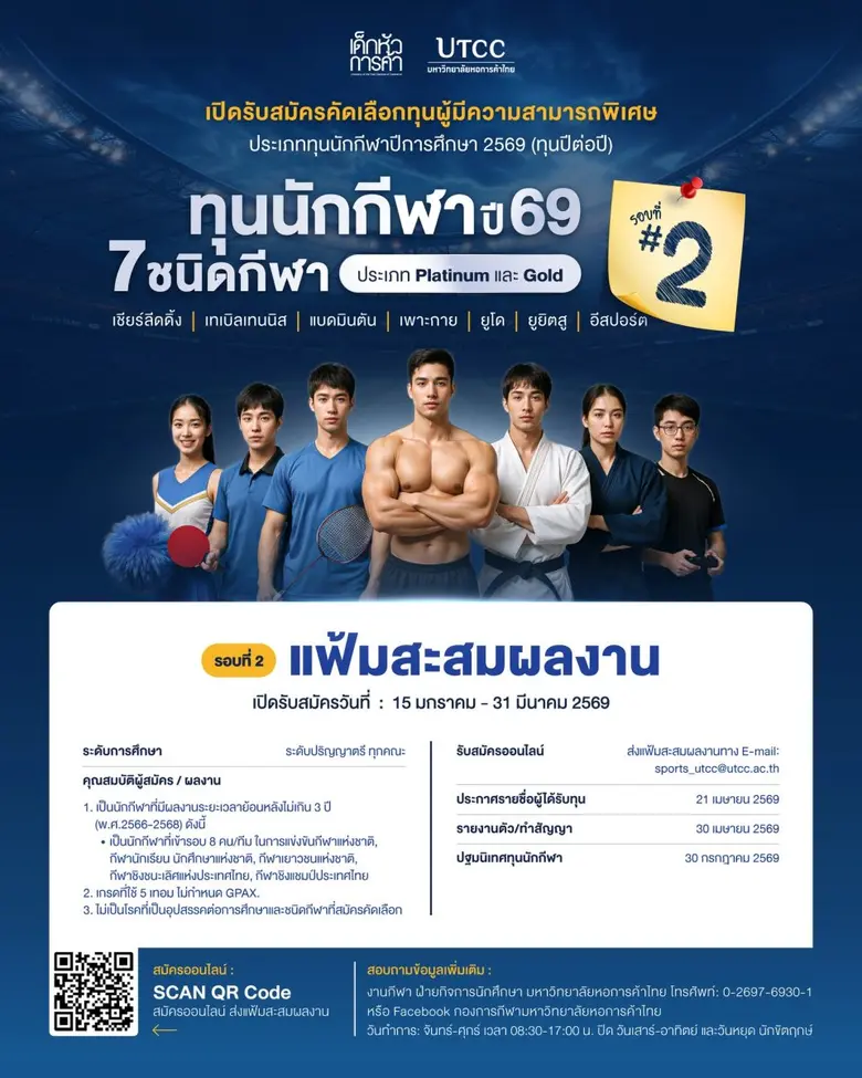 มหาวิทยาลัยหอการค้าไทย เปิดรับสมัครนักศึกษาทุนความสามารถพิเศษ ประเภททุนนักกีฬา ประจำปีการศึกษา 2569