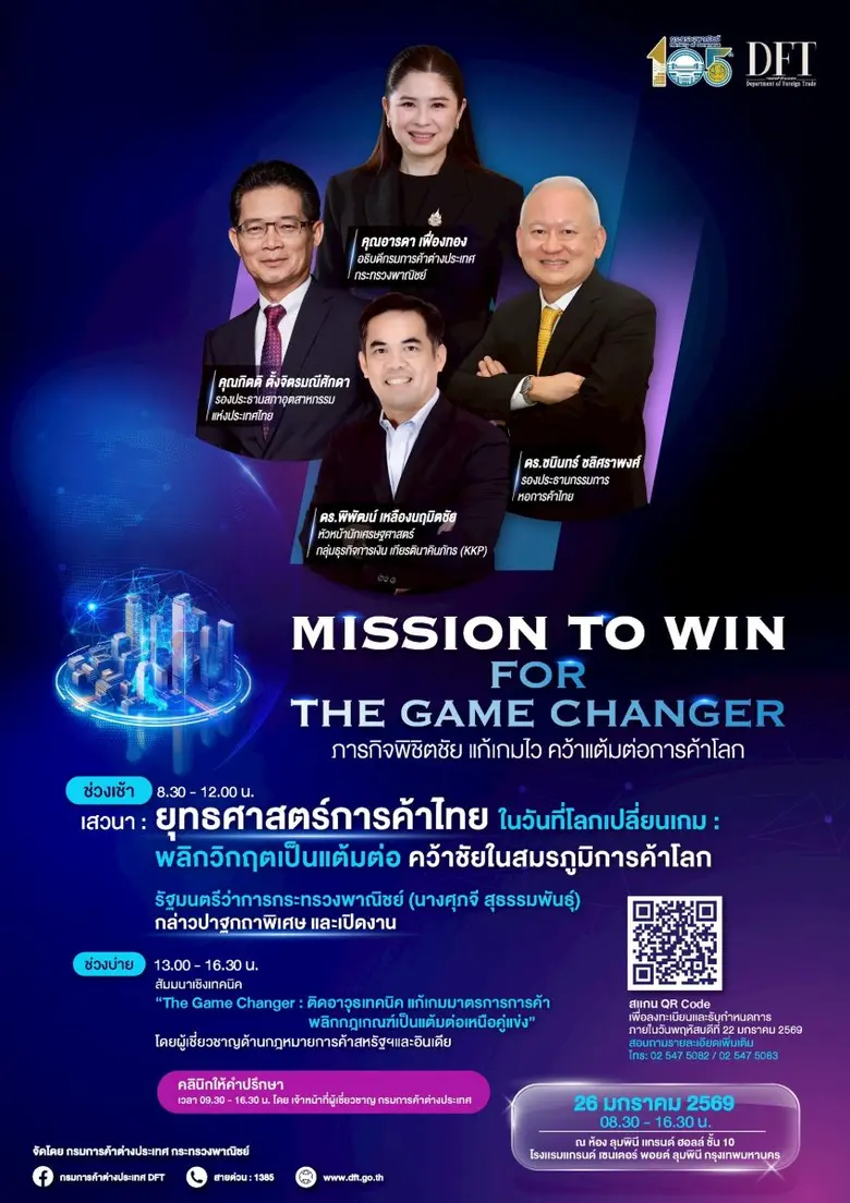 คต. เชิญเข้าร่วมสัมมนา "Mission to Win for the Game Changer" สร้างโอกาส เสริมแกร่งผู้ประกอบการไทย ในวันที่การค้าโลกเปลี่ยนเกม