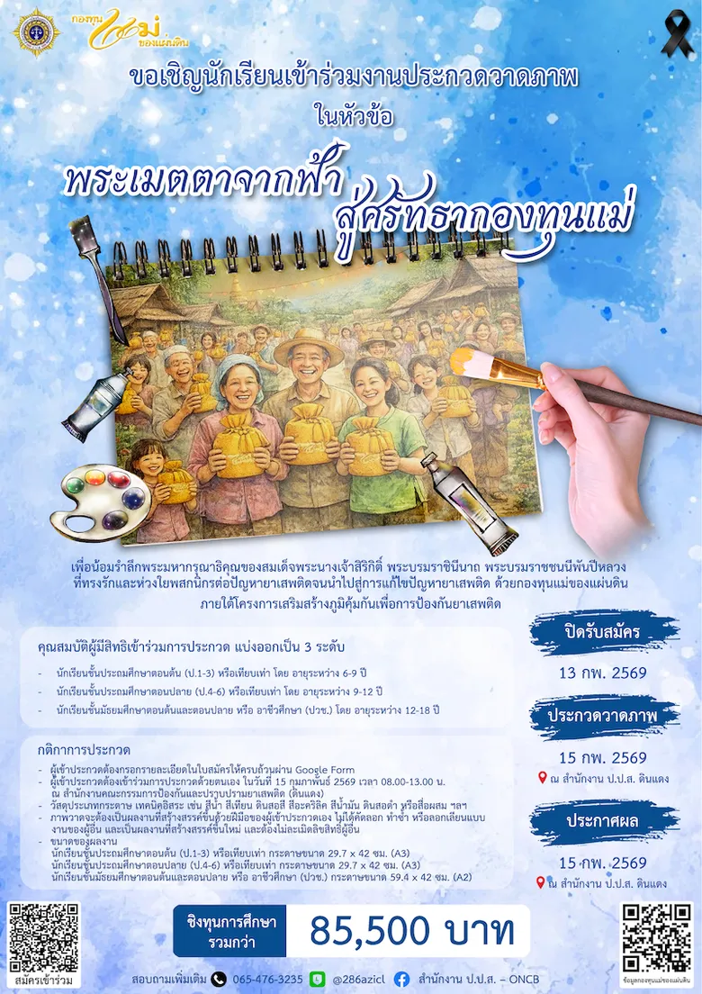 สำนักงาน ป.ป.ส. ชวนเยาวชนทั่วประเทศ ประกวดวาดภาพ "พระเมตตาจากฟ้า สู้ศรัทธากองทุนแม่"