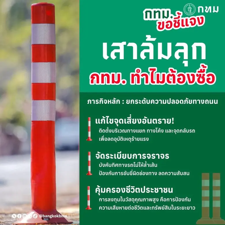 กทม.ชี้แจงการกำหนดราคากลางจัดซื้อเสาจราจรล้มลุก ย้ำเป็นไปตามกฎหมาย ดำเนินการตามระเบียบเน้นประสิทธิภาพ-คุ้มค่างบประมาณ