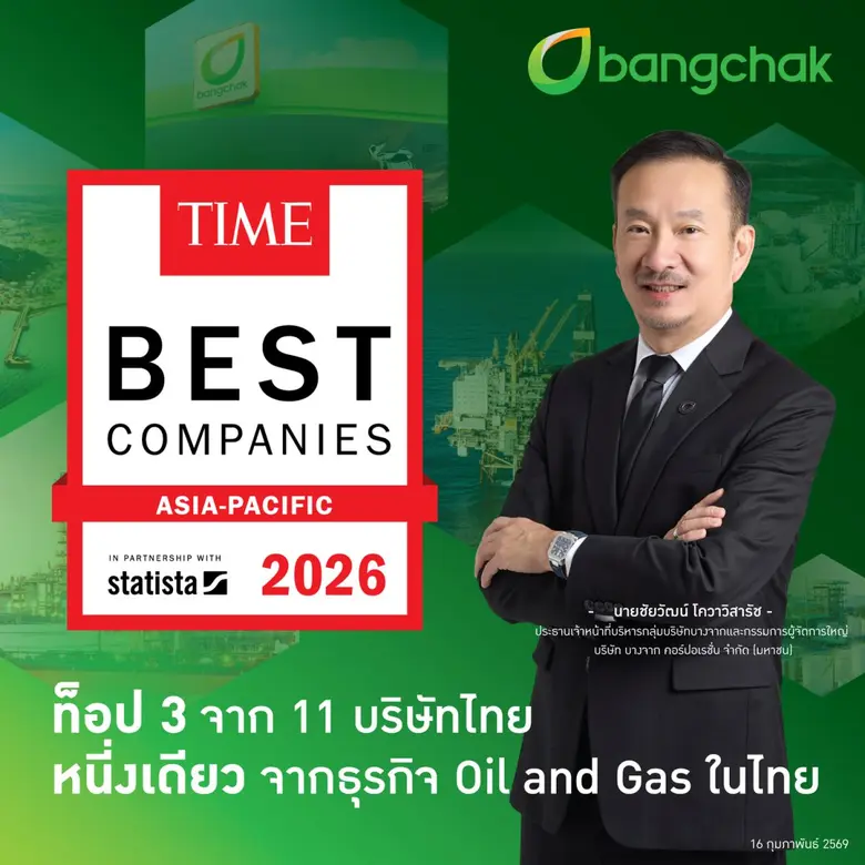 บางจากฯ ติดอันดับ TIME Asia-Pacific's Best Companies 2026 ท็อป 3 จาก 11 บริษัทไทย และเป็นบริษัทไทยรายเดียวในกลุ่ม Resource Generation & Infrastructure