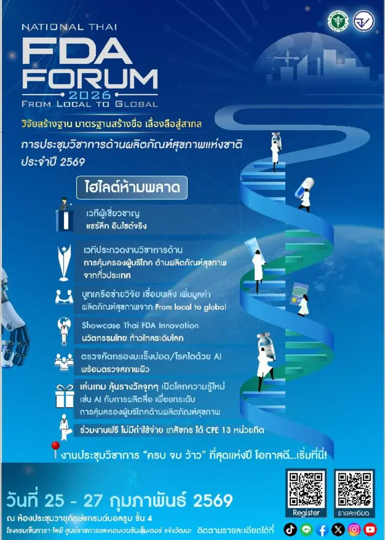อย. จัดใหญ่ "National Thai FDA Forum 2026" เวทีวิชาการระดับชาติ ยกระดับผลิตภัณฑ์สุขภาพไทยสู่สากล