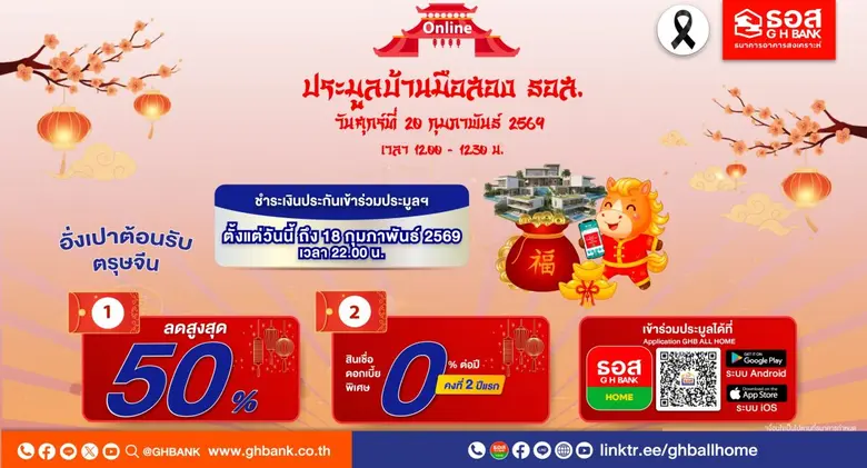 ธอส. ชูดอกเบี้ย 0% ต่อปี พร้อมส่วนลดพิเศษสูงสุด 50% หนุนคนไทยมีบ้านกับงานประมูลบ้านมือสองออนไลน์ พบกันวันที่ 20 กุมภาพันธ์ 2569