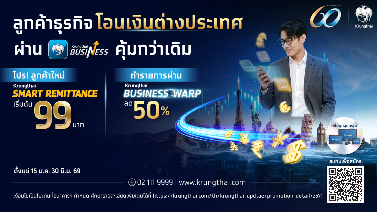 กรุงไทยหนุนผู้ประกอบการนำเข้า-ส่งออก จัดโปรฯ โอนเงินต่างประเทศ ค่าธรรมเนียมสุดคุ้มเริ่มต้นเพียง 99 บาท เมื่อทำรายการผ่าน Krungthai BUSINESS