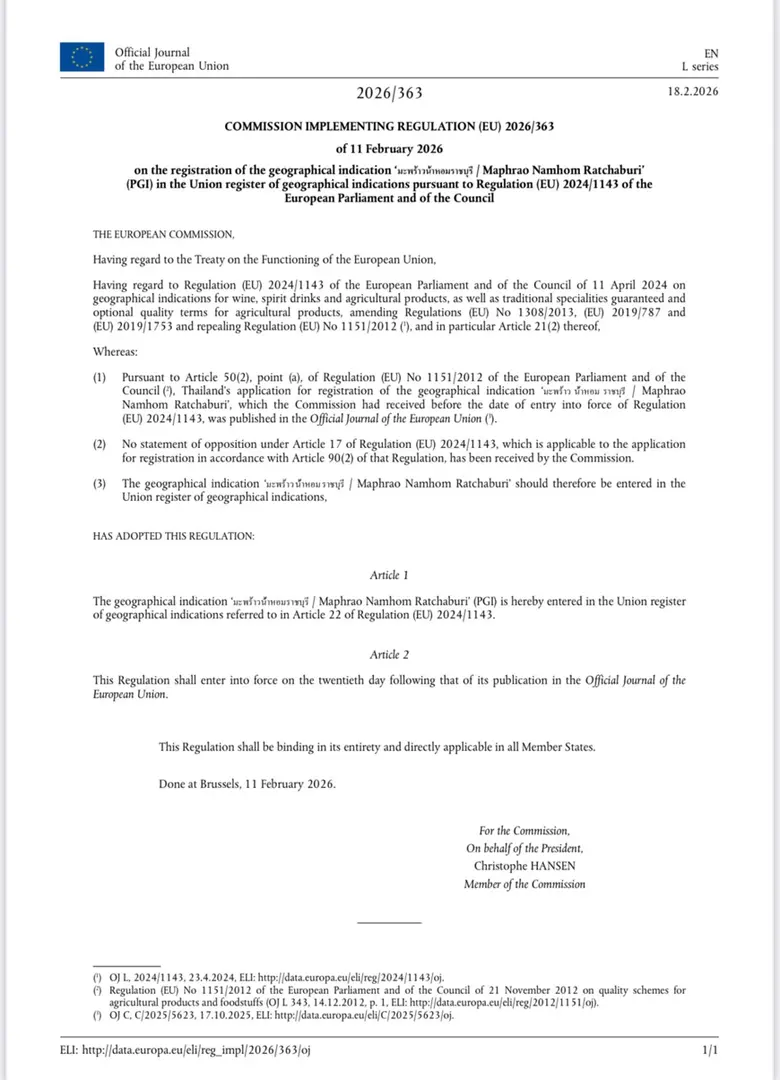 กรมทรัพย์สินทางปัญญา พา "มะพร้าวน้ำหอมราชบุรี" ขึ้นทะเบียน GI ใน EU สำเร็จ! ปักธงโอกาสทางการค้ากว่า 27 ประเทศ ดันผลไม้คุณภาพของไทยเฉิดฉายในเวทีโลก