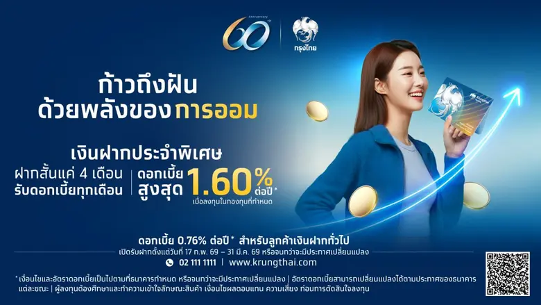 กรุงไทยฉลองครบรอบ 60 ปี เปิดตัวผลิตภัณฑ์เงินฝากประจำพิเศษ 4 เดือน ดอกเบี้ยสูงสุด 1.60% ต่อปี