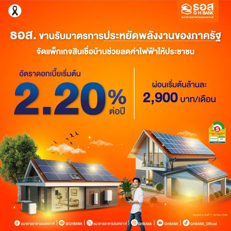 ธอส. ขานรับมาตรการประหยัดพลังงานของภาครัฐ พร้อมจัดแพ็กเกจสินเชื่อบ้านประหยัดพลังงาน อัตราดอกเบี้ยเริ่มต้น 2.20% ต่อปี