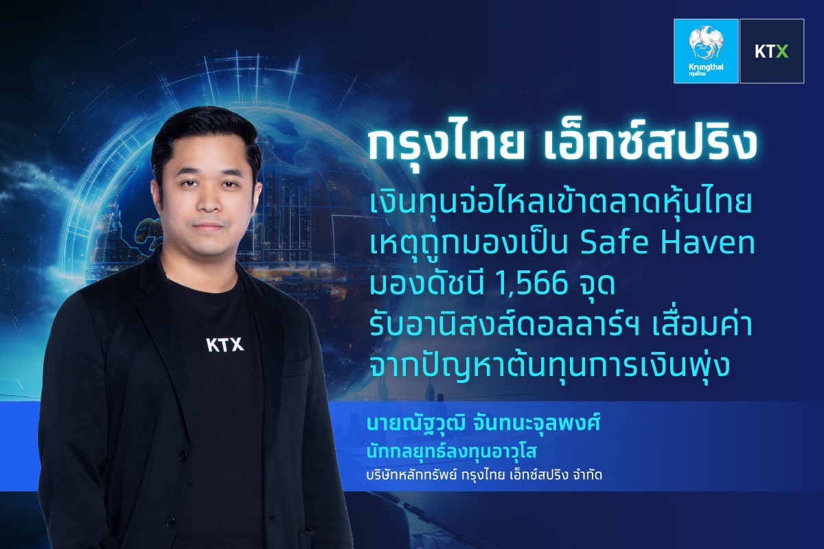 กรุงไทย เอ็กซ์สปริง ชี้เงินทุนจ่อไหลเข้าตลาดหุ้นไทยเหตุถูกมองเป็น Safe Haven มองดัชนี1,566 จุด รับอานิสงส์ดอลลาร์ฯเสื่อมค่าจากปัญหาต้นทุนการเงินพุ่ง