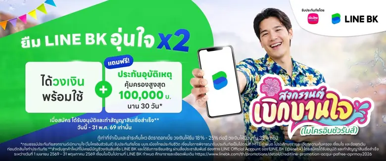 เมืองไทยประกันชีวิต ผนึกกำลัง LINE BK แจกประกันอุบัติเหตุกลุ่ม เพิ่มความอุ่นใจรับเทศกาลสงกรานต์ แก่ลูกค้าสินเชื่อ LINE BK