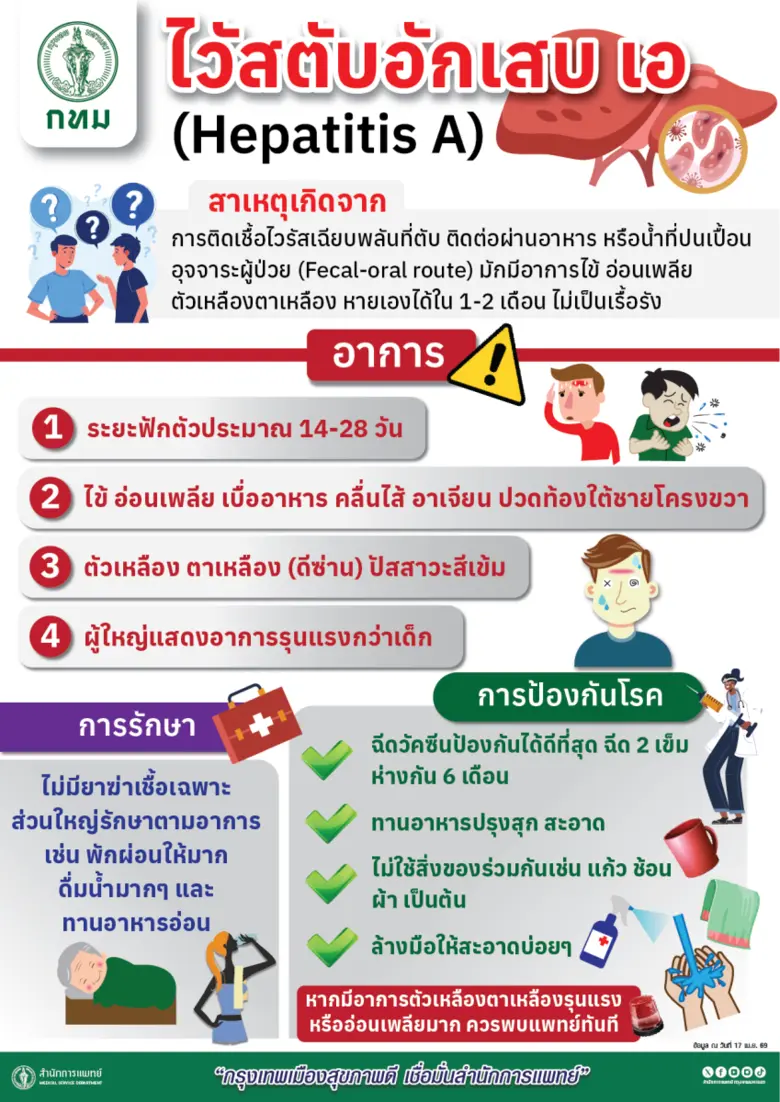 กทม. เฝ้าระวังโรคไวรัสตับอักเสบเอ แนะ "กินสุก ร้อน สะอาด" - เตรียมความพร้อมคุมเข้มป้องกันการระบาด