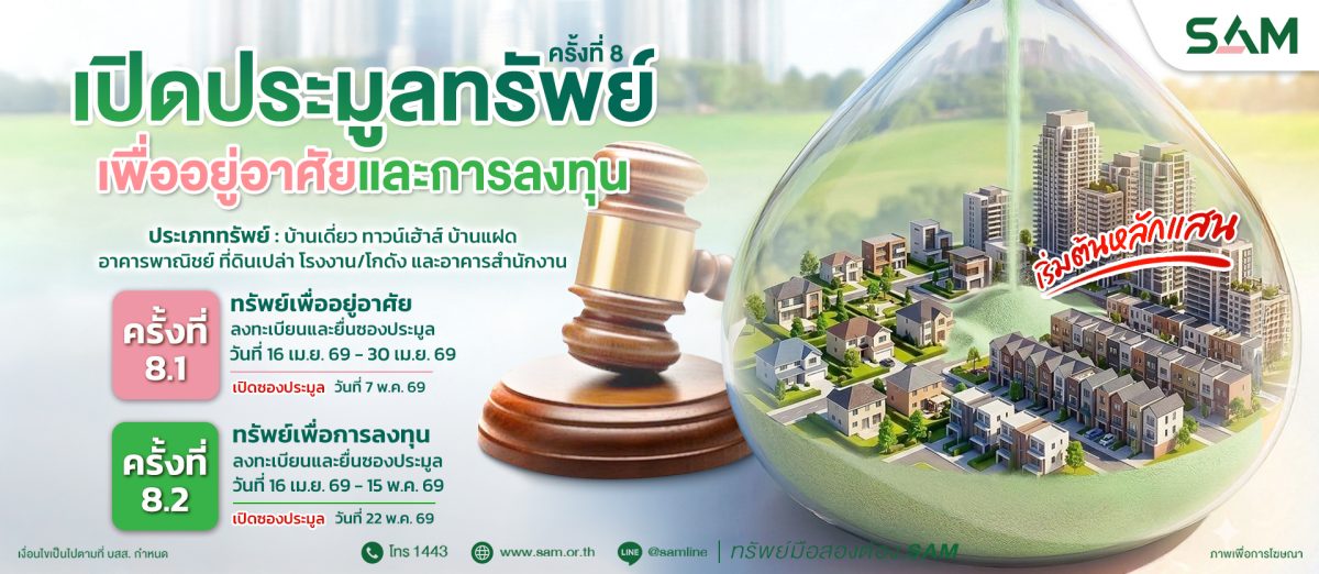 SAM ยกทัพทรัพย์ NPA ทำเลพรีเมียมทั่วไทยกว่า 50 รายการ มูลค่ารวมกว่า 154 ลบ. เปิดประมูลราคาพิเศษ พ.ค.นี้ พร้อมแคมเปญสินเชื่อจากแบงก์ชั้นนำ