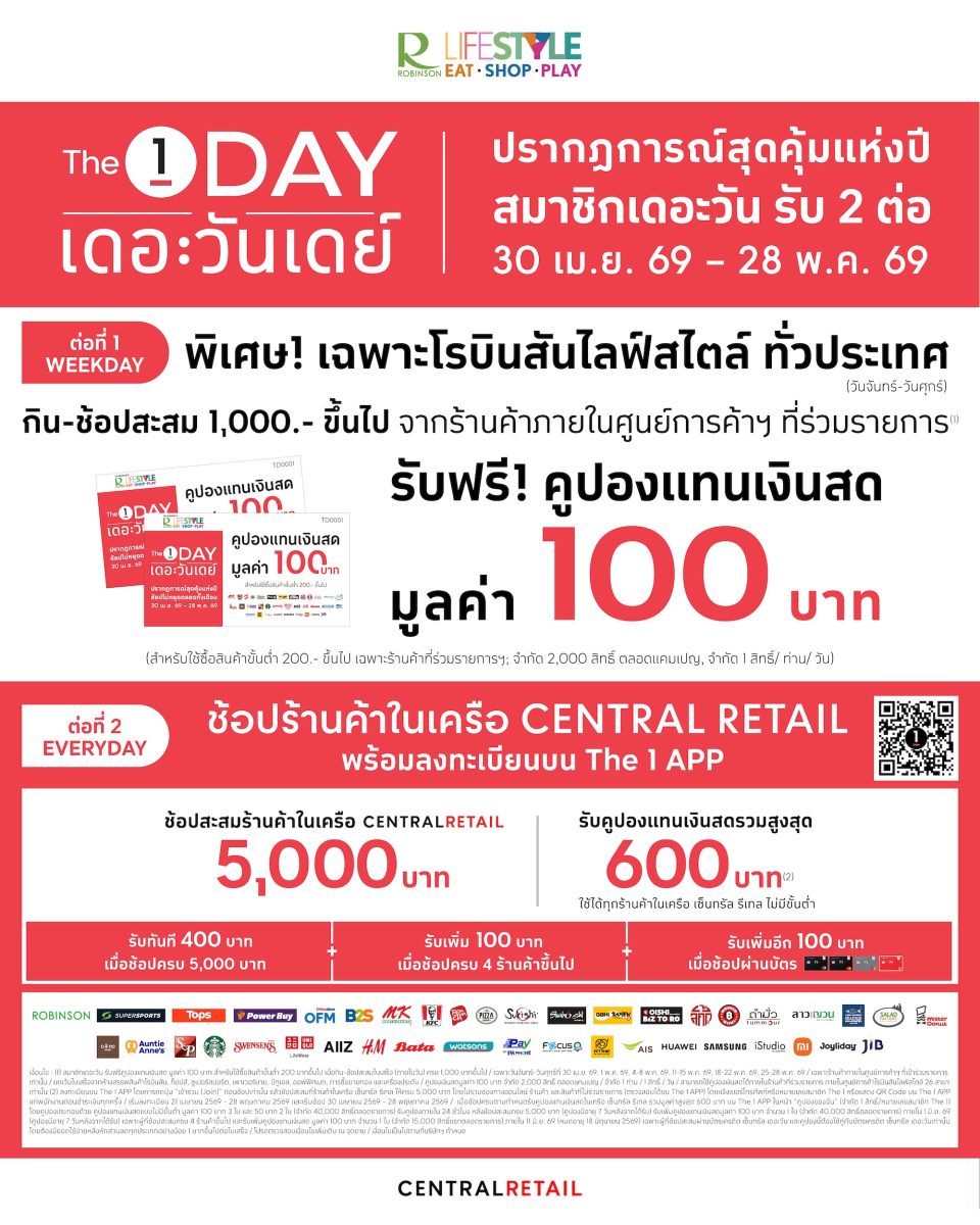 โรบินสันไลฟ์สไตล์ ผนึก The 1 จัดเต็มความคุ้มค่าทุกการช้อป แจกคูปองส่วนลดฟรีทุกวัน ตั้งแต่วันที่ 30 เม.ย. 69 - 28 พ.ค. 69 เฉพาะที่โรบินสันไลฟ์สไตล์ทั่วประเทศ