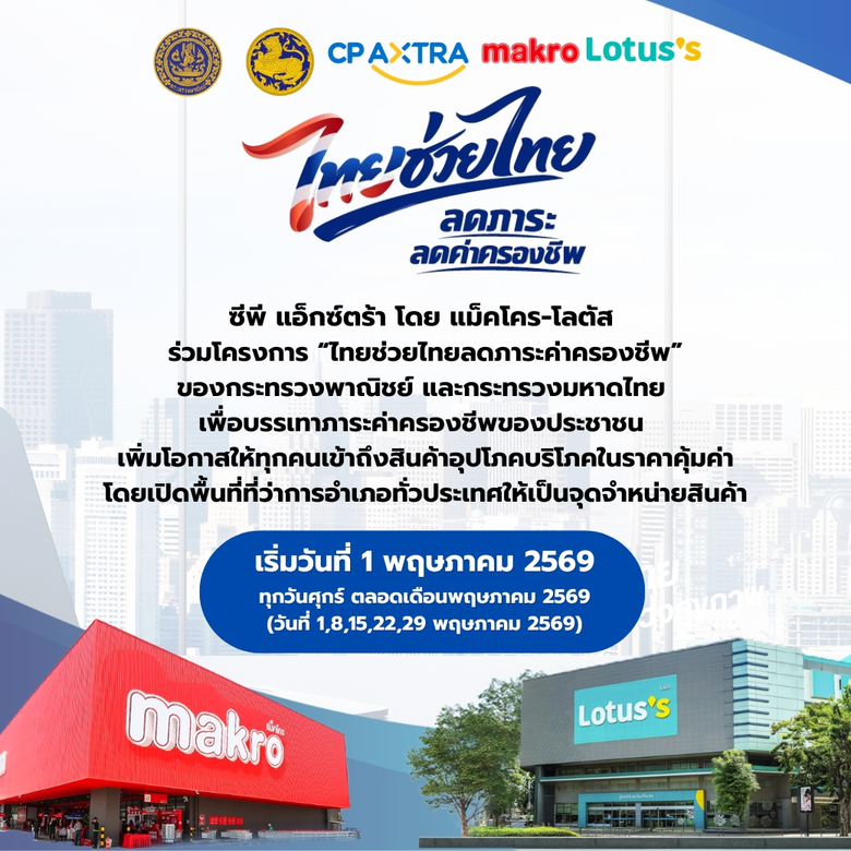 แม็คโคร-โลตัส ภายใต้ ซีพี แอ็กซ์ตร้า ขานรับนโยบายรัฐ ร่วม "ไทยช่วยไทย" ลดภาระค่าครองชีพ จัดจำหน่ายสินค้าราคาพิเศษทั่วประเทศ