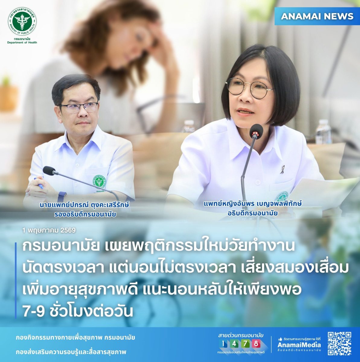 กรมอนามัย เผยพฤติกรรมใหม่วัยทำงาน นัดตรงเวลา แต่นอนไม่ตรงเวลา เสี่ยงสมองเสื่อม เพิ่มอายุสุขภาพดี แนะนอนหลับให้เพียงพอ 7-9 ชั่วโมงต่อวัน
