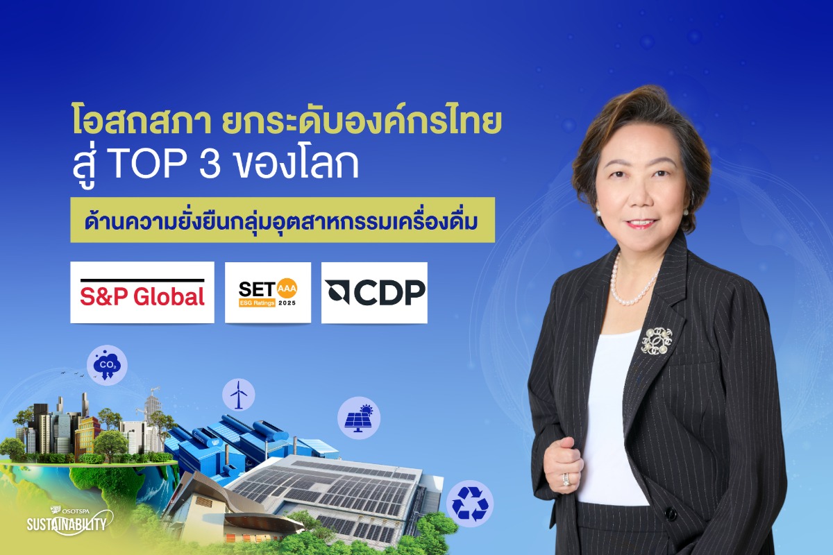 โอสถสภา ยกระดับองค์กรไทยสู่ Top 3 ของโลกด้านความยั่งยืนกลุ่มอุตสาหกรรมเครื่องดื่ม