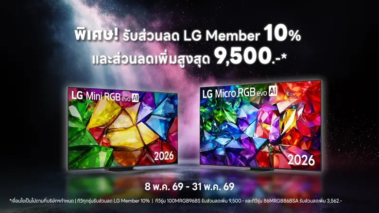 แอลจีเปิดตัวทีวีรุ่นใหม่ Micro RGB evo AI ภาพคมชัดเหนือระดับ 100 นิ้ว พร้อมโปรแรงรับมหกรรมเชียร์ฟุตบอลระดับโลก ตลอดเดือนพฤษภาคมเท่านั้น
