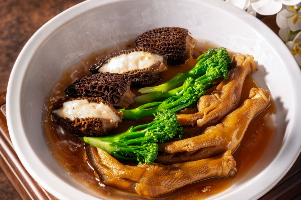A Cantonese Masterpiece at Wah Lok Braised Goose Webs with Morel Mushrooms Stuffed with Minced Shrimp in Supreme Abalone Sauce