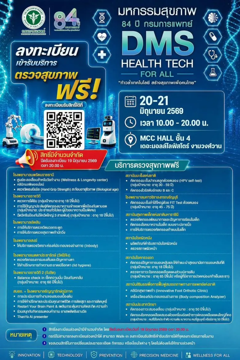 เชิญร่วมงานมหกรรมสุขภาพ 84ปี กรมการแพทย์ "DMS Health Tech for All" ก้าวล้ำเทคโนโลยี สร้างสุขภาพดีเพื่อคนไทย