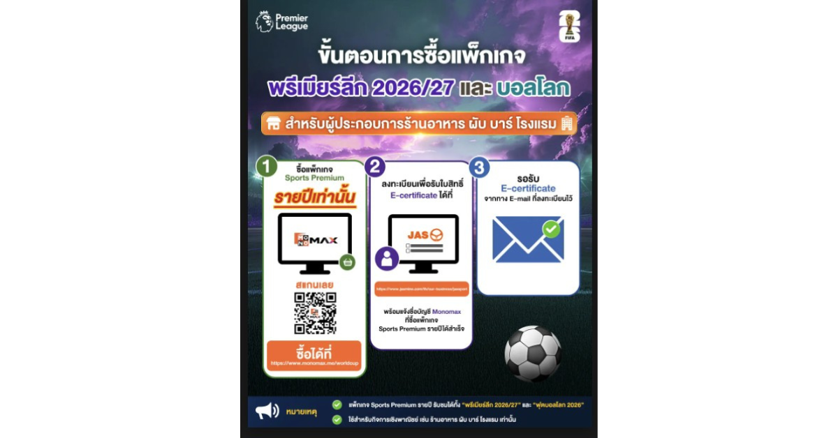 "JAS" ชวนผู้ประกอบการเตรียมร้านให้พร้อม รับชมทุกแมตช์กีฬาระดับโลกอย่างถูกลิขสิทธิ์ผ่าน "Monomax"
