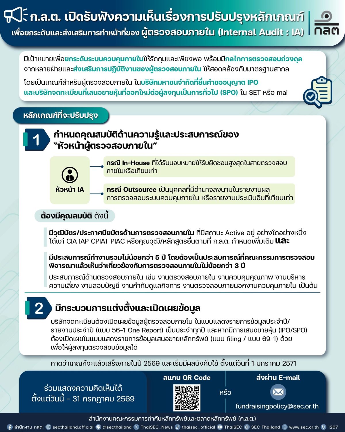 ก.ล.ต. ขอนำส่งข่าว ก.ล.ต. ฉบับที่ 141/2569 เรื่อง "ก.ล.ต. เปิดรับฟังความคิดเห็นการปรับปรุงหลักเกณฑ์เพื่อยกระดับและส่งเสริมการทำหน้าที่ "ผู้ตรวจสอบภายใน" สำหรับบริษัท IPO"