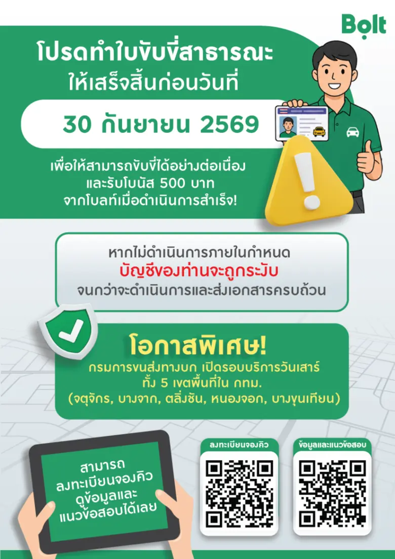 Bolt ร่วมผนึกกำลังภาครัฐและภาคอุตสาหกรรม เดินหน้ายกระดับความปลอดภัยและความเป็นมืออาชีพของบริการเรียกรถผ่านแอปในประเทศไทย