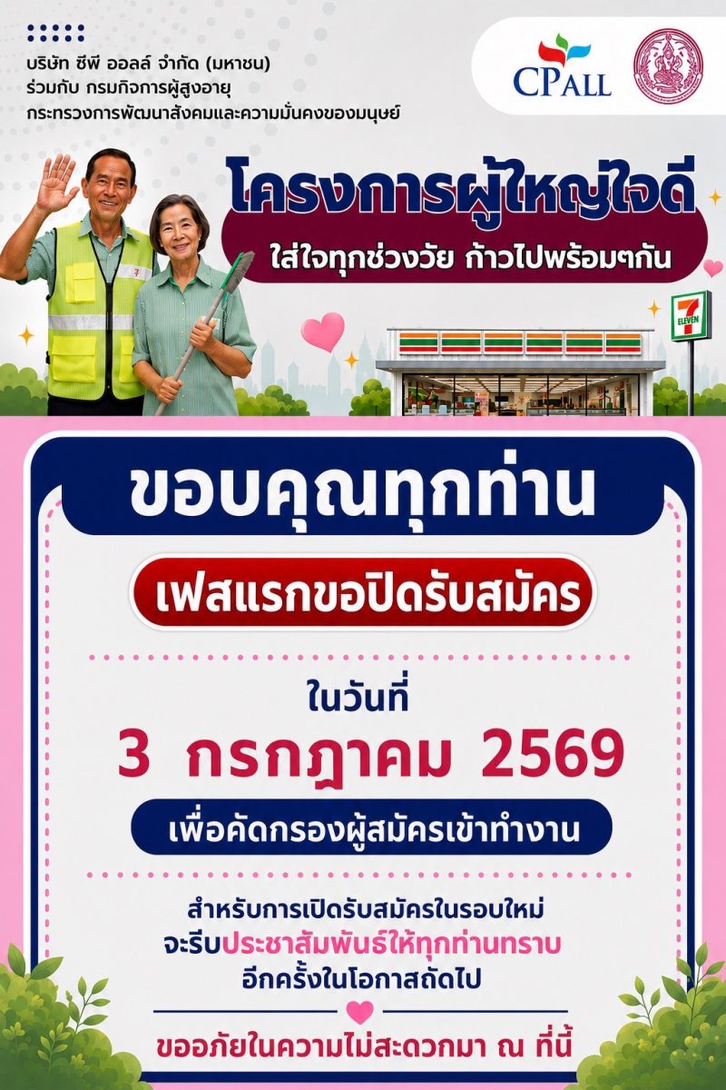 เสียงตอบรับเกินความคาดหมาย "โครงการผู้ใหญ่ใจดี" ปิดรับสมัครเฟสแรก ขอบคุณทุกความเชื่อมั่น พร้อมเดินหน้าคัดเลือกผู้สมัครอย่างรอบคอบ