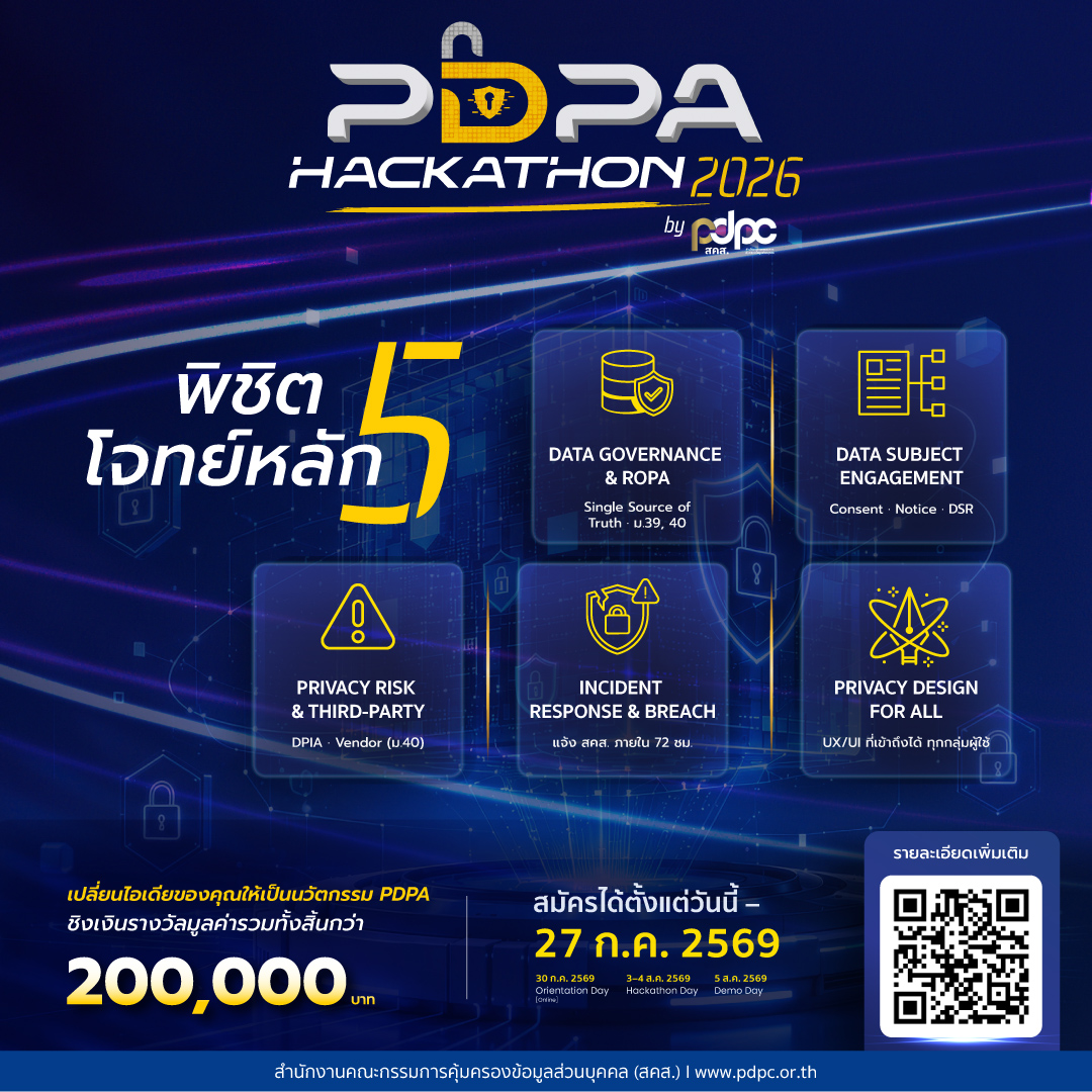 สคส. เปิดเวที PDPA Hackathon 2026 ท้าคนรุ่นใหม่ปั้นนวัตกรรมคุ้มครองข้อมูลส่วนบุคคล ชิงเงินรางวัลรวม 200,000 บาท สมัครได้แล้ววันนี้ถึง 27 กรกฎาคม 2569