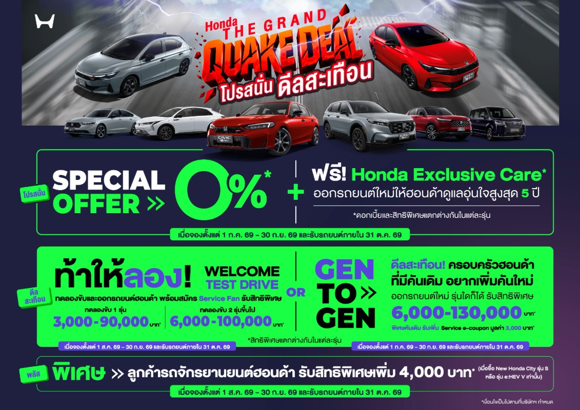 ฮอนด้า ยกทัพ e:HEV และ EV จัดเต็มในงาน BIG MOTOR SALE 2026 ตั้งแต่ 21 - 30 ส.ค. 2569นำโดย Honda City ใหม่ และ Honda Civic e:HEV ใหม่ ที่มาพร้อม Honda S+ Shift