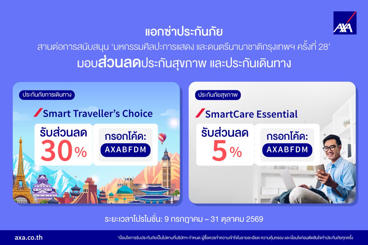 แอกซ่าประกันภัยสานต่อการสนับสนุน 'มหกรรมศิลปะการแสดงและดนตรีนานาชาติกรุงเทพฯ ครั้งที่ 28' ต่อเนื่องปีที่ 5 มอบส่วนลดประกันสุขภาพและประกันเดินทางสูงสุด 30%