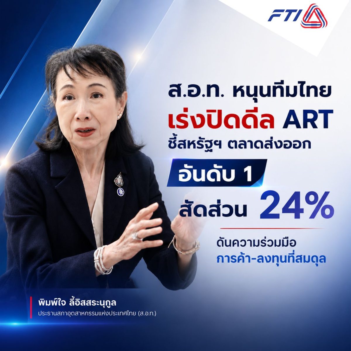 ส.อ.ท. หนุนทีมไทยเร่งปิดดีล ART ชี้สหรัฐฯ ตลาดส่งออกอันดับ 1 สัดส่วน 24% ดันความร่วมมือการค้า-ลงทุนที่สมดุล
