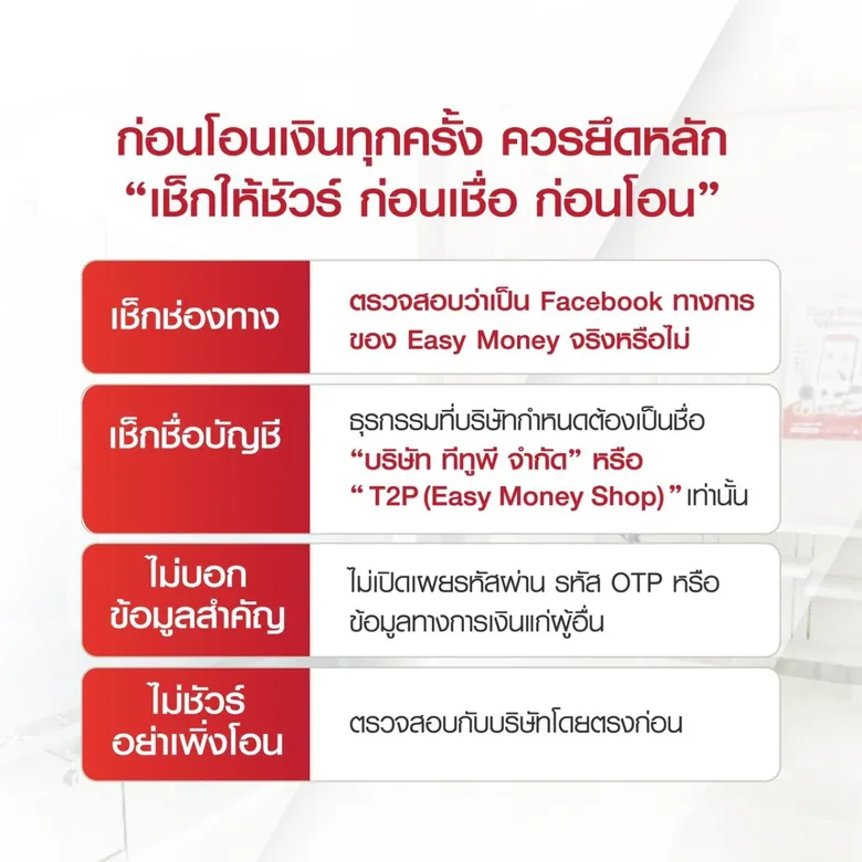 เตือนภัย! มิจฉาชีพแอบอ้าง Easy Money หลอกลูกค้าโอนเงิน