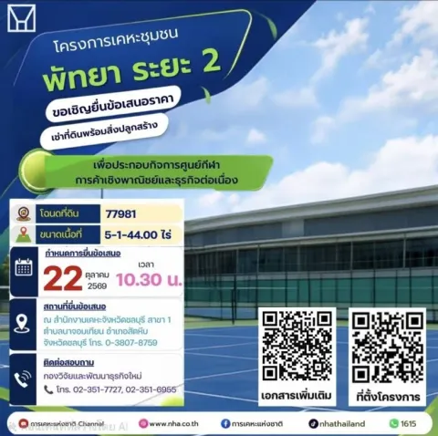 กคช. เปิดพื้นที่ทองพัทยา ดึงเอกชนลงทุนสปอร์ตคลับ - คอมเมอร์เชียล 15 ปี