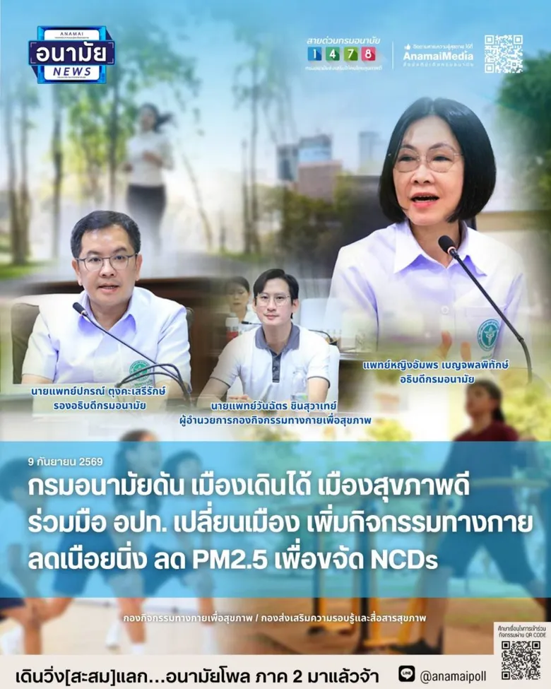 กรมอนามัยดัน "เมืองเดินได้ เมืองสุขภาพดี" ร่วมมือ อปท. เปลี่ยนเมือง เพิ่มกิจกรรมทางกาย ลดเนือยนิ่ง ลด PM2.5 เพื่อขจัด NCDs