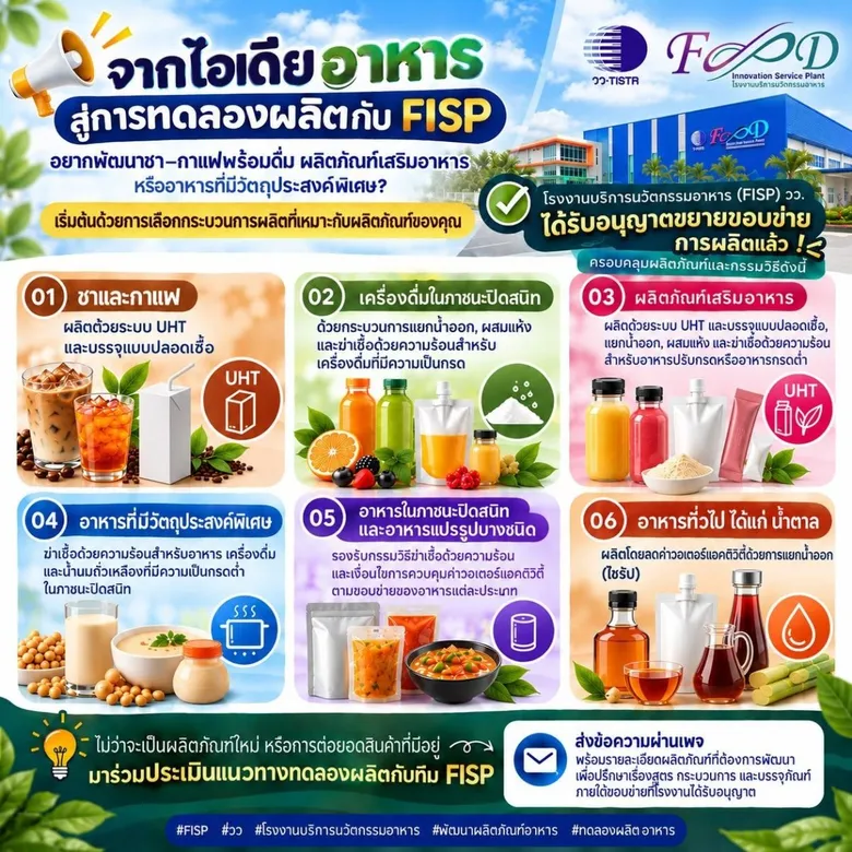 วว. ชวนผู้ประกอบการ เปลี่ยน "ไอเดียอาหาร" สู่ "ผลิตภัณฑ์จริง" กับโรงงานบริการนวัตกรรมอาหาร  FISP