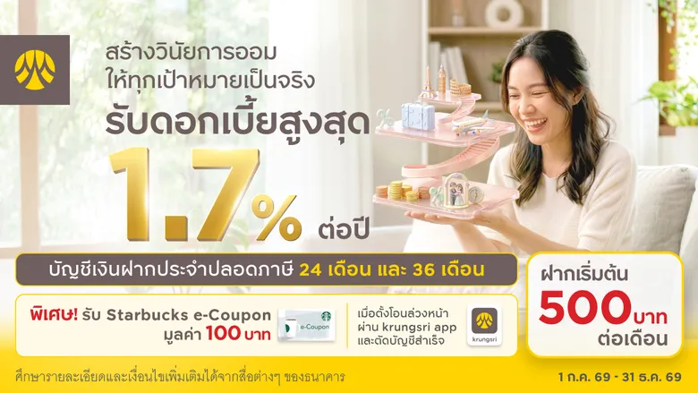 มีบัญชีออมทรัพย์กรุงศรี พร้อมตั้งโอนเงินล่วงหน้าเพื่อฝากเข้าบัญชีฝากประจำปลอดภาษี 24 เดือนหรือ 36 เดือน รับฟรี Starbucks e-Coupon 100 บาท