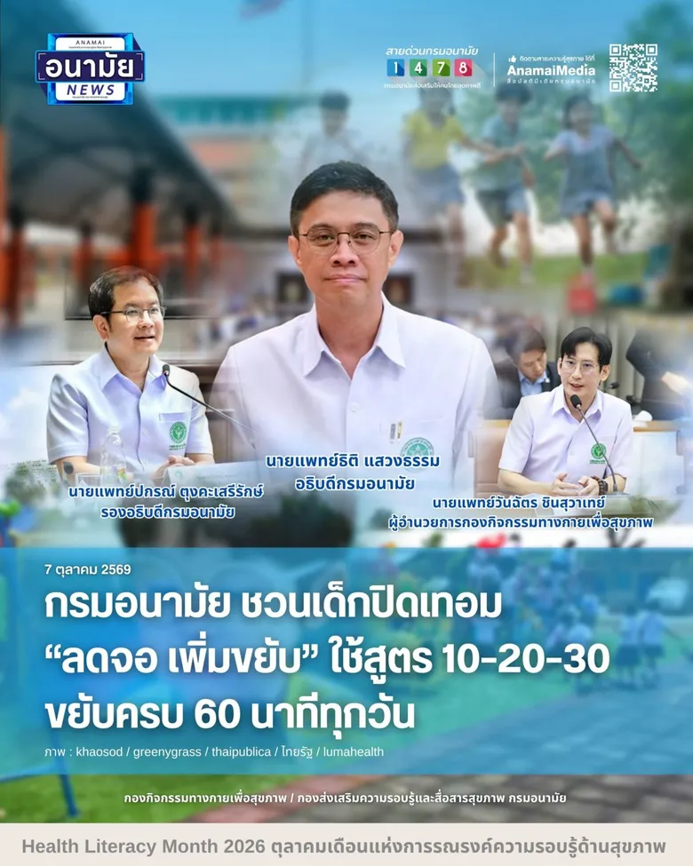 กรมอนามัย ชวนเด็กปิดเทอม "ลดจอ เพิ่มขยับ" ใช้สูตร 10-20-30 ขยับครบ 60 นาทีทุกวัน