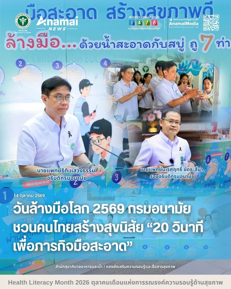 วันล้างมือโลก 2569 กรมอนามัยชวนคนไทยสร้างสุขนิสัย "20 วินาที เพื่อภารกิจมือสะอาด"