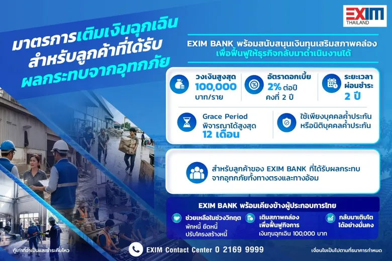 EXIM BANK ออกมาตรการ "เติมเงินฉุกเฉิน" ช่วยลูกค้าที่ได้รับผลกระทบจากอุทกภัย เสริมสภาพคล่อง ฟื้นฟูธุรกิจหลังน้ำลด