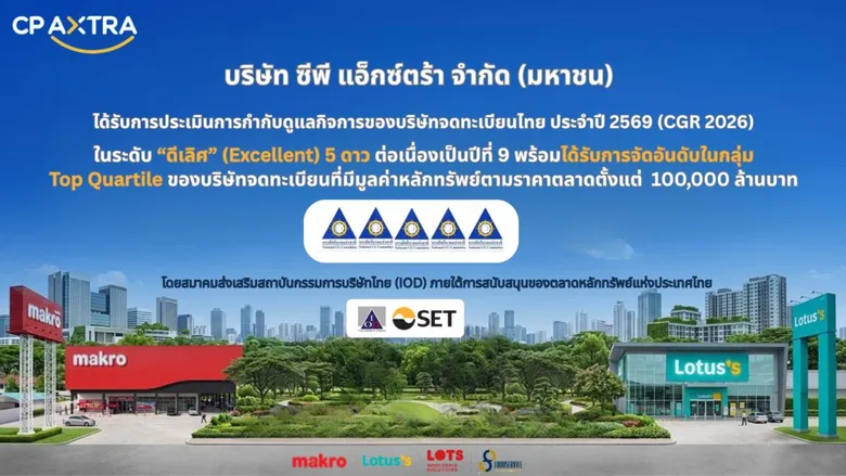 CP AXTRA ตอกย้ำองค์กรชั้นนำด้านธรรมาภิบาล คว้า CGR 5 ดาว ระดับ "ดีเลิศ" ต่อเนื่องปีที่ 9 พร้อมติดกลุ่ม Top Quartile บริษัทที่มีคะแนนสูง