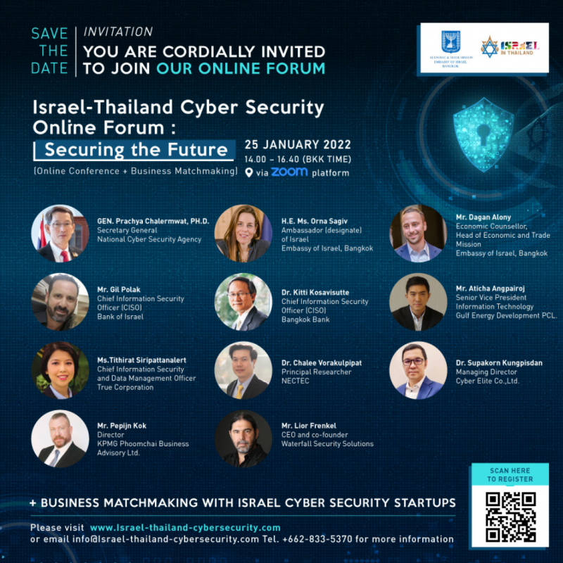 สถานเอกอัครราชทูตอิสราเอลขอเชิญร่วมงาน Israel-Thailand Cyber Security Online Forum: Securing the Future ร่วมสร้างเวทีทางความรู้ด้านความมั่นคงปลอดภัยไซเบอร์แห่งปี