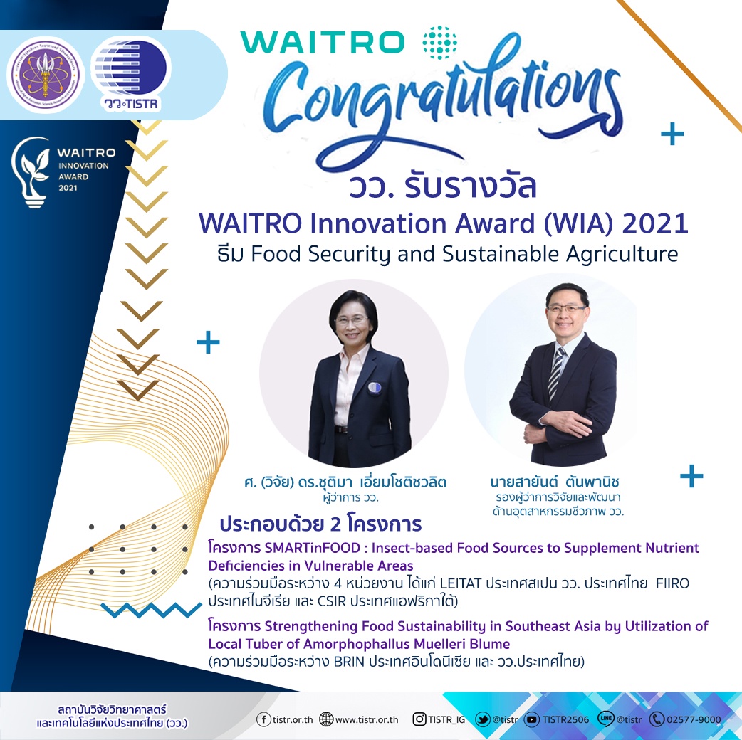 วว./พันธมิตร คว้า 2 รางวัล WAITRO Innovation Award 2021 เวทีส่งเสริมความร่วมมือภาคอุตสาหกรรมและองค์กรวิจัยพัฒนาวิทยาศาสตร์เทคโนโลยี