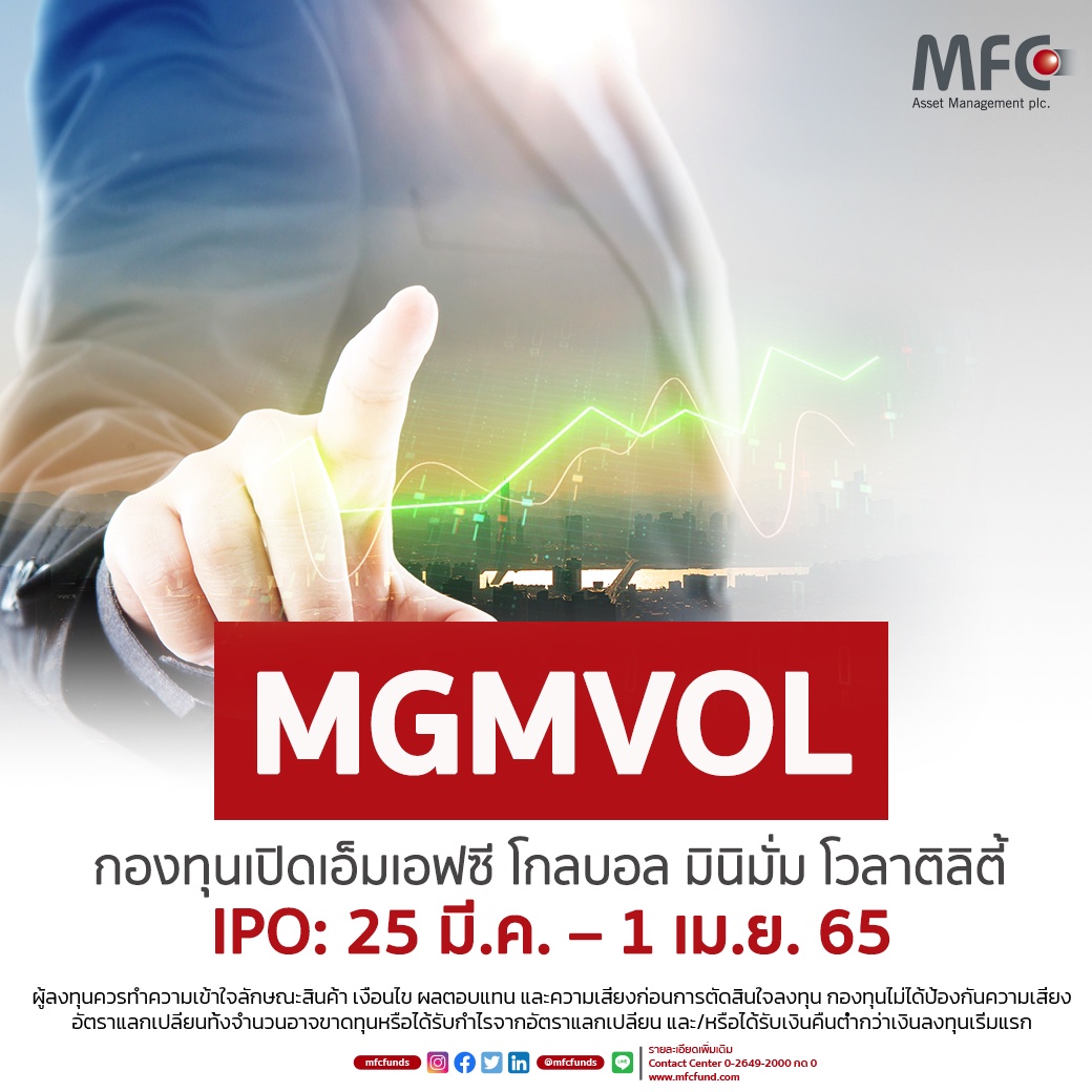 'MFC' ชูกองทุนเปิด 'MGMVOL' ลงทุนในหุ้นทั่วโลกที่มีความผันผวนต่ำ ลดความเสี่ยง เพิ่มโอกาสสร้างผลตอบแทนระยะยาว เปิดขาย IPO 25 มี.ค. - 1 เม.ย. นี้