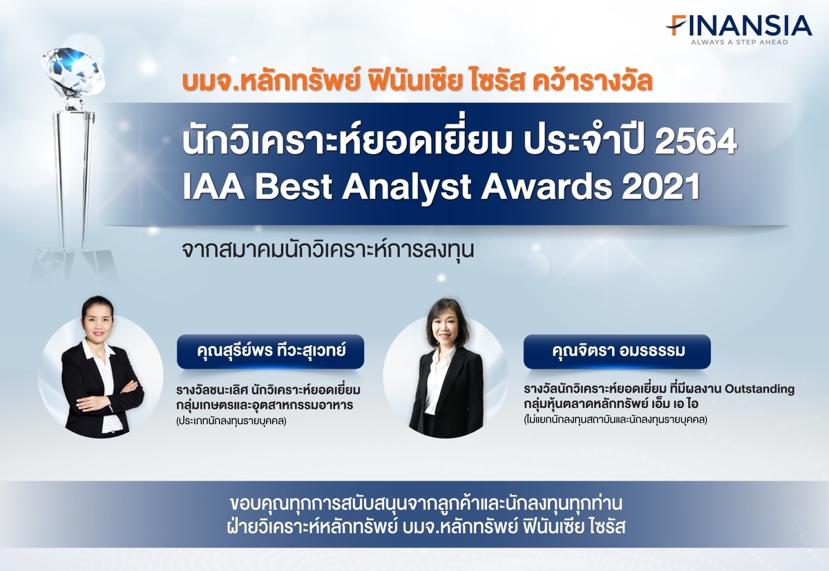 Finansia คว้ารางวัล นักวิเคราะห์การลงทุนยอดเยี่ยม ประจำปี 2564 (IAA Best Analyst Awards 2021)