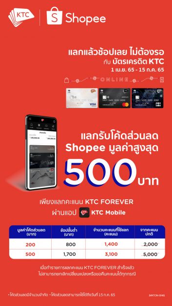 โปรดียืน 1! เคทีซีเปิดใช้คะแนนแลกโค้ดส่วนลดช้อปปี้สูงสุด 500 บาท ผ่านแอป KTC Mobile